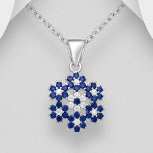 925 Sterling Silver w/ Sapphire "Snowflake" Made in Italy 20" Necklace NEW